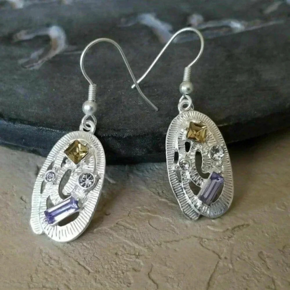 Art Nouveau Sterling Silver Plated Oval Topaz Blue Clear Crystal Dangle Earrings - Picture 1 of 5